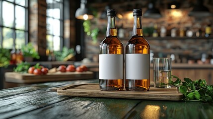Obraz premium Two bottles of amber liquid on a wooden tray with a glass, set in a rustic kitchen environment.