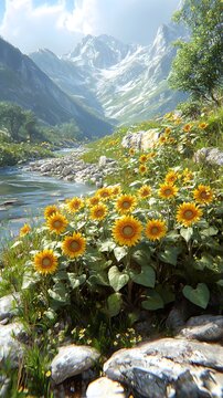 A vibrant scene showcasing a field of sunflowers flourishing by a serene river, surrounded by majestic mountains and lush greenery under a bright, sunny sky.