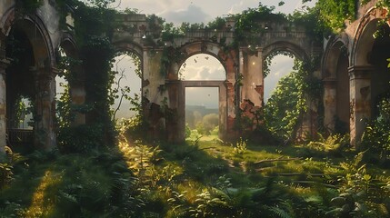 Fototapeta premium Overgrown ruins of an ancient building with arched openings, sunlight streaming through, lush vegetation.