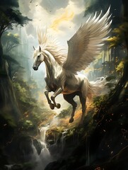 Majestic white pegasus horse with large wings soaring over a lush green forest waterfall.