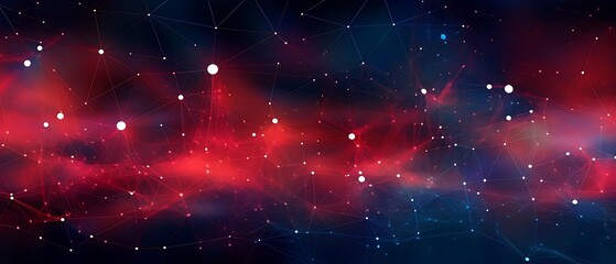 Abstract red and blue nebula with glowing particles and interconnected lines.
