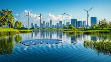 Eco-friendly city skyline with solar panels and wind turbines.