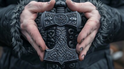 Close-up of hands delicately holding an intricately designed, dark metal Norse Mjolnir replica.