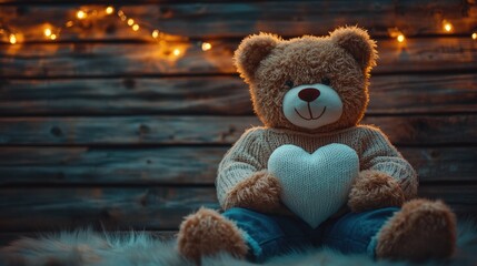 Obraz premium Cozy teddy bear with heart on wooden background with warm lights. The 14th of February. Happy Valentine's Day