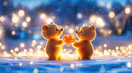 Adorable bears holding heart shaped light in snowy winter wonderland. The 14th of February. Happy Valentine's Day
