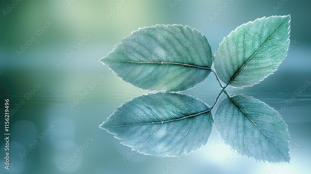 Poster two green leaves resting on a reflective surface, creating a serene and tranquil atmosphere.