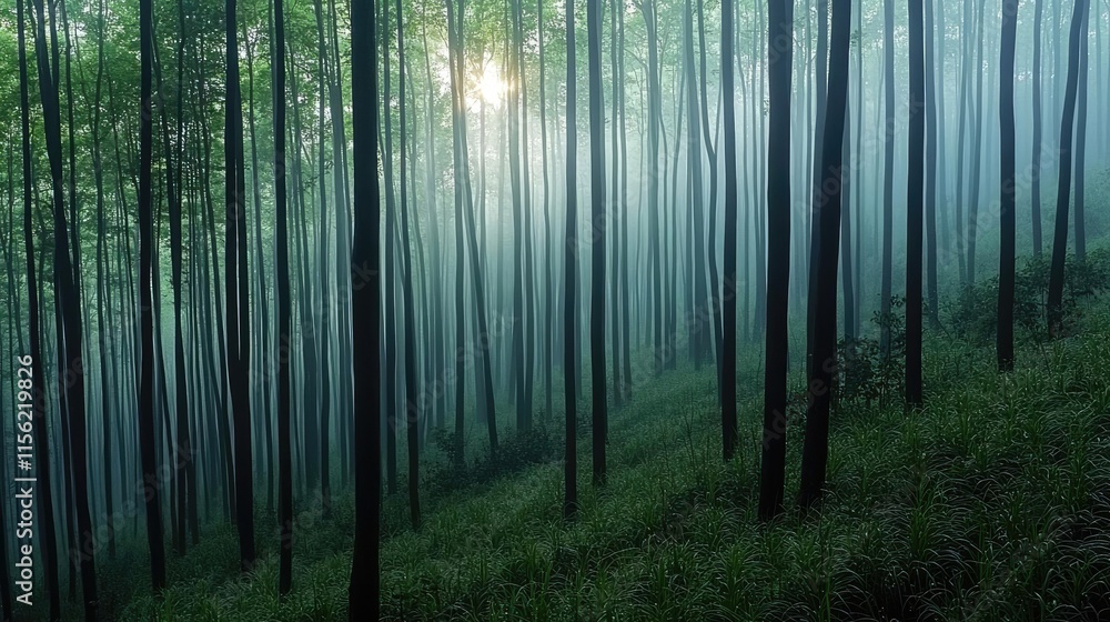 Aufkleber mist forest concept. a tranquil forest scene with mist and tall trees illuminated by soft sunlight.