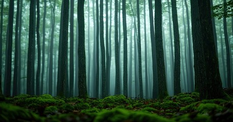 Naklejka premium Mist forest concept. Mysterious forest with misty atmosphere and lush green moss covering the ground.