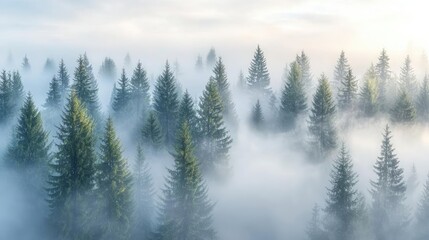 Mist forest concept. Serene misty forest landscape with tall evergreen trees enveloped in gentle fog.