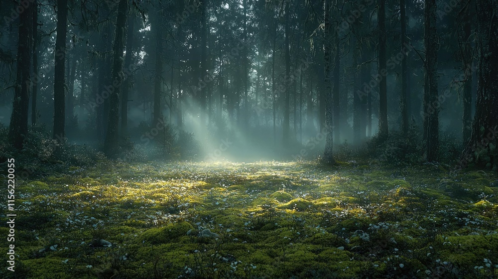 Aufkleber mist forest concept. a serene forest scene with mist and sunlight filtering through the trees.