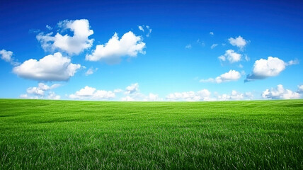 Fototapeta premium A tranquil meadow under a deep blue sky dotted with fluffy white clouds, creating a serene and peaceful atmosphere, perfect for nature lovers and outdoor enthusiasts.