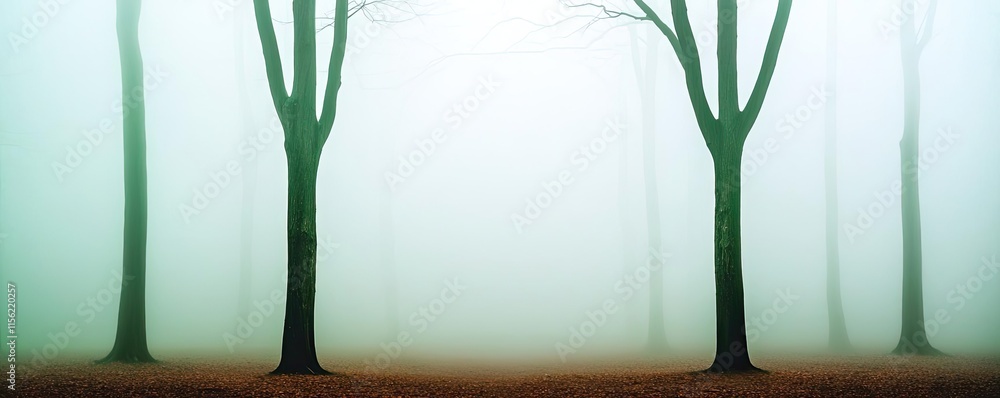 Poster mist forest concept. mysterious fog envelops bare trees in a serene landscape, creating an ethereal 
