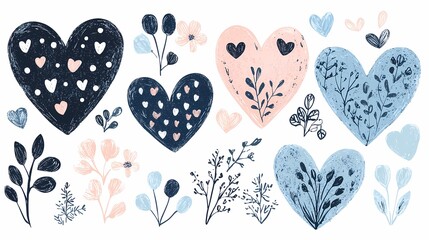Creative Heart Illustrations Featuring Floral Designs Digital Art Colorful Background Artistic Representation