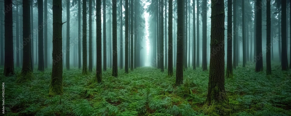 Poster mist forest concept. misty forest path surrounded by tall trees and lush green undergrowth, creating