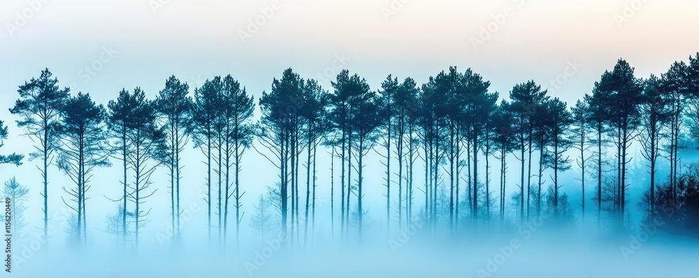 Poster mist forest concept. a serene view of tall trees shrouded in mist, creating an atmosphere of tranqui