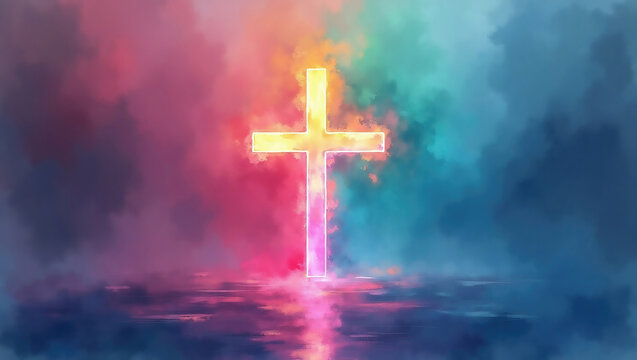 Bright vibrant colorful cross on water for easter Jesus is born again resurrection