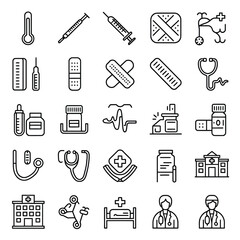 Set of  outline icons related to sickness, illness, disease. Linear icon collection. Editable stroke. Vector illustration