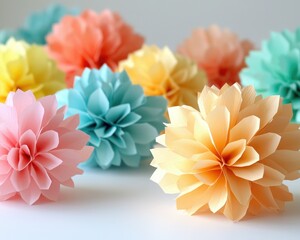 Obraz premium Colorful paper flowers in various pastel shades create a cheerful and vibrant display, perfect for decoration and crafts.