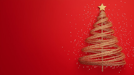 Sparkling Christmas Tree: A minimalist and modern festive image featuring a golden glitter Christmas tree with a star on top, set against a vibrant red background.