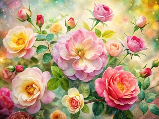 Vintage Watercolor Roses & Dog Rose Double Exposure