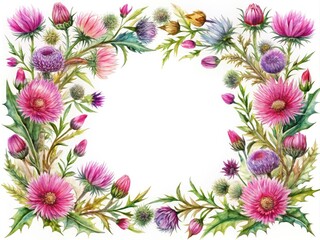 Vintage Watercolor Thistle Floral Frame, Pink Purple Wildflower Square Border
