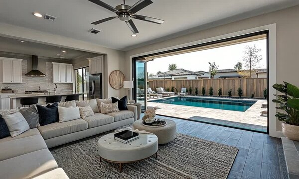 Luxury Home Interior Design: Open Living Space with Pool View