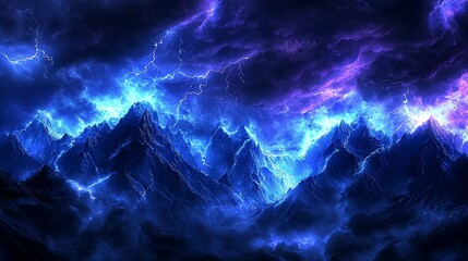 Dramatic lightning storm over majestic mountains at night.