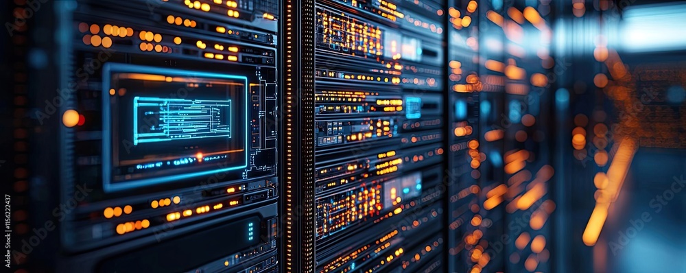 Poster operate room concept. close-up of data servers in a modern data center with illuminating lights.