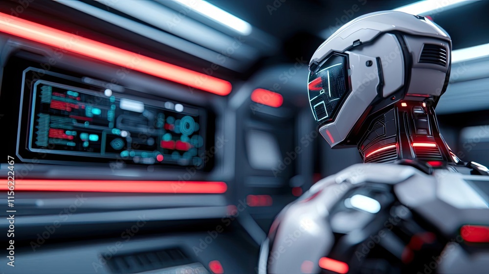 Poster operate room concept. futuristic robot in a high-tech environment with vibrant neon lights and scree