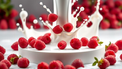 a cake with raspberries on it and a spoon in the background.