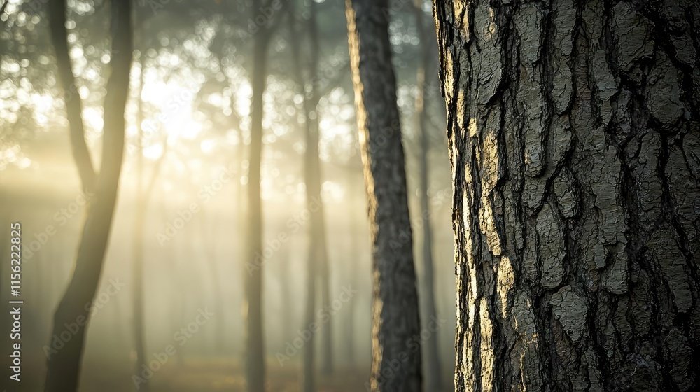 Poster mist forest concept. a tranquil forest scene with mist and sunlight filtering through tall trees.