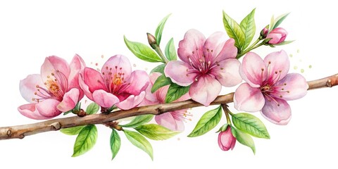 Obraz premium Watercolor Blossoming Flower on Branch, Tree Illustration