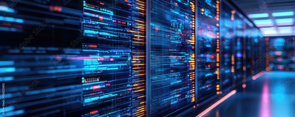 Poster operate room concept. a vibrant display of digital data streams in a modern server room environment.