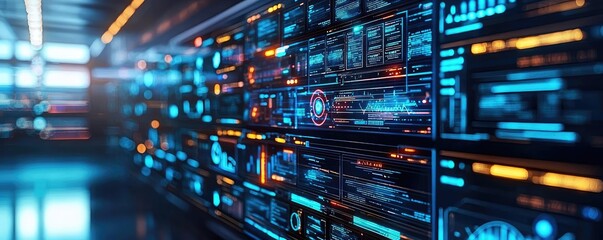 Naklejka premium Operate room concept. Futuristic data interface with vibrant visualizations and interactive elements.