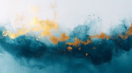 Abstract modern art, using cool tones, gold foil decoration, with textured brush strokes, and a background of blue-green and white. Flowing shapes and delicate splashes create a refined atmosphere