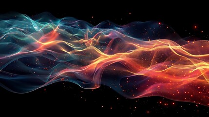 Abstract flowing light waves with vibrant colors and glowing particles on a black background.