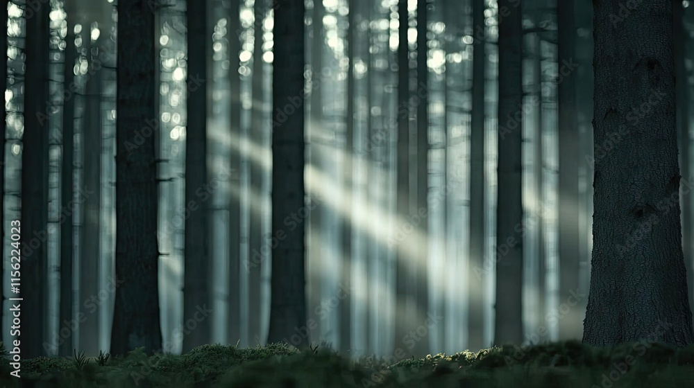 Poster mist forest concept. mysterious forest with soft sunlight filtering through tall trees creating a se