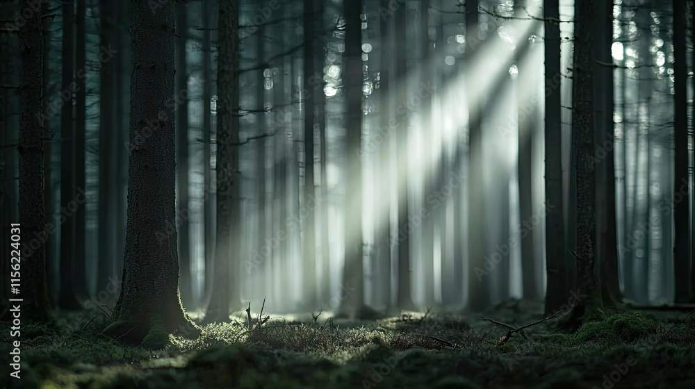 Poster mist forest concept. dramatic light beams filtering through dense trees in a serene forest atmospher