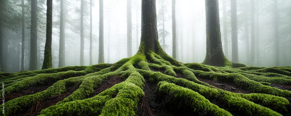 Poster mist forest concept. moss-covered roots in a misty forest, creating a serene and mystical atmosphere
