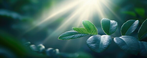 Mist forest concept. Sunlight filters through lush green leaves in a tranquil forest atmosphere.