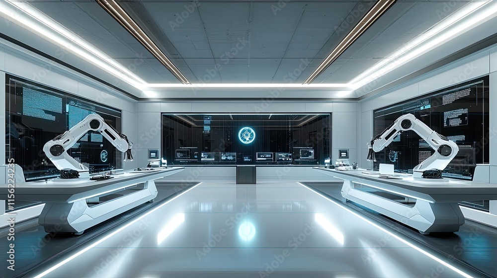 Poster operate room concept. futuristic tech workspace with robotic arms and sleek design features.