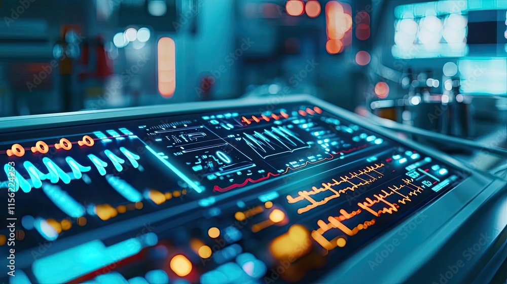 Poster operate room concept. futuristic control panel with glowing buttons and screens in a high-tech envir
