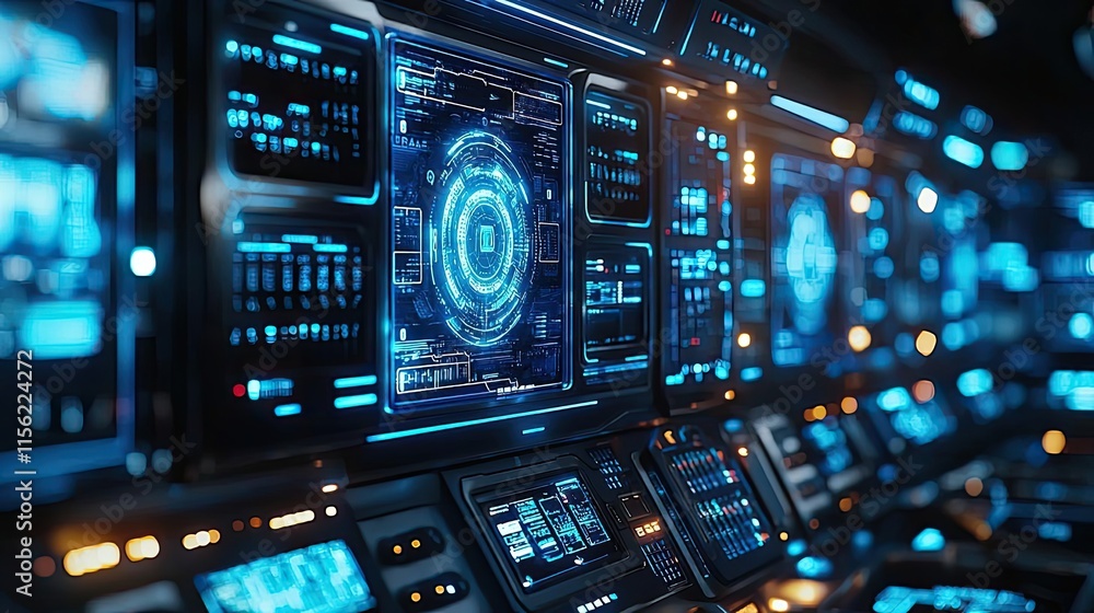 Poster operate room concept. futuristic control panel with illuminated screens and advanced technology inte