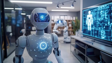 Fototapeta premium Operate room concept. Futuristic robot in an advanced workspace showcasing artificial intelligence.