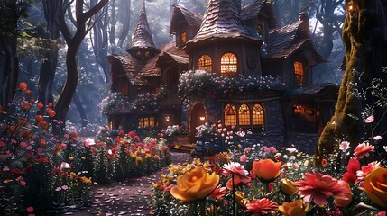 Fototapeta premium Enchanting fairytale house nestled in a lush forest garden, illuminated by warm lights.