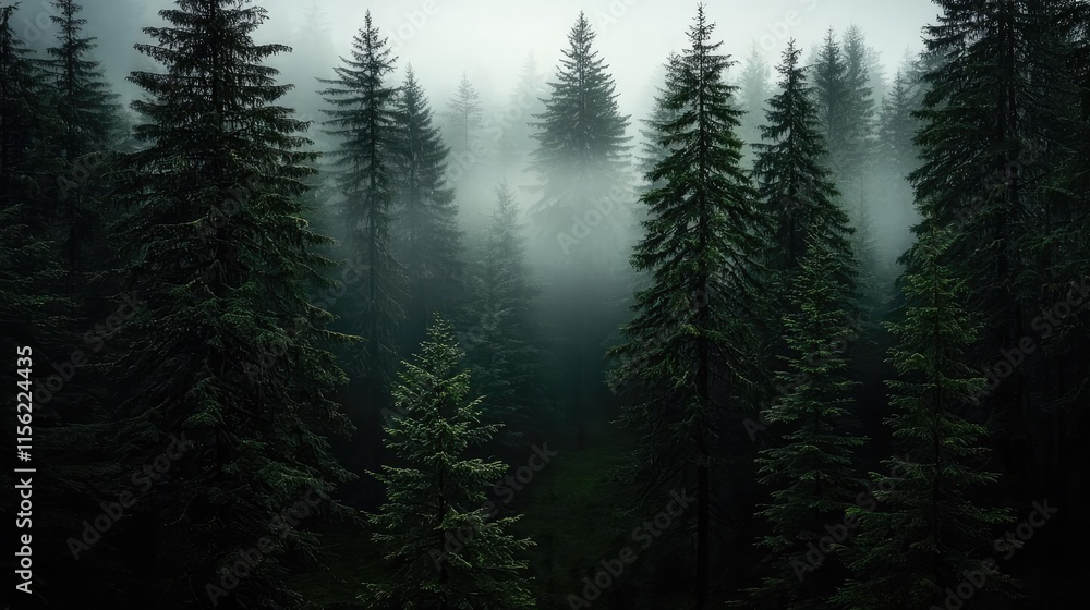 Aufkleber mist forest concept. misty forest with evergreen trees, creating a serene and tranquil atmosphere.