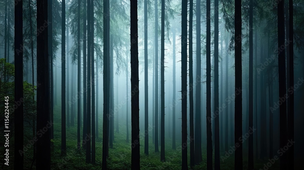Poster mist forest concept. a serene misty forest with tall trees creating a tranquil and peaceful atmosphe