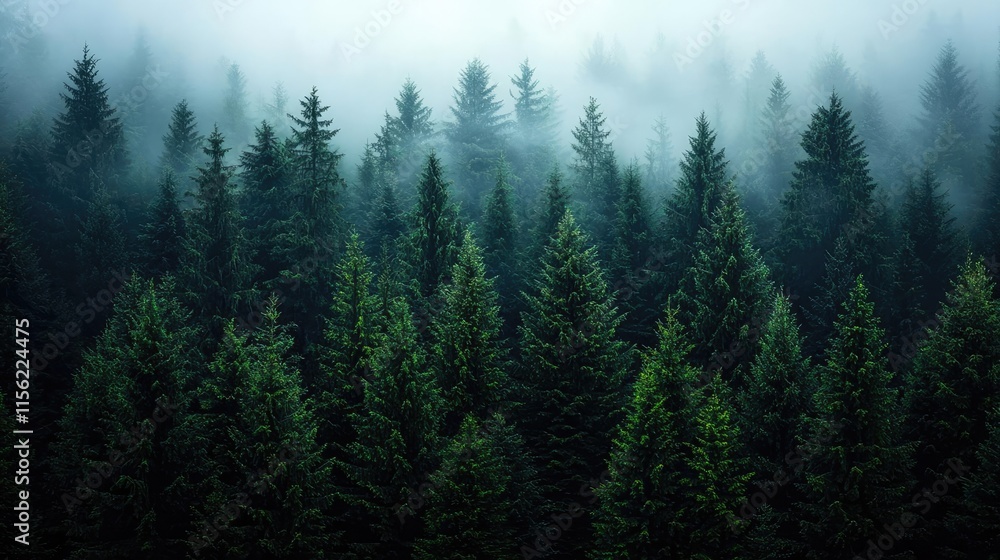Poster mist forest concept. misty evergreen forest with tall trees creating a serene and tranquil atmospher