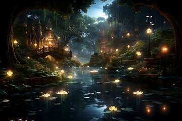 Enchanting fairytale village nestled in a lush forest at night, illuminated by glowing lanterns and flowers along a calm river.
