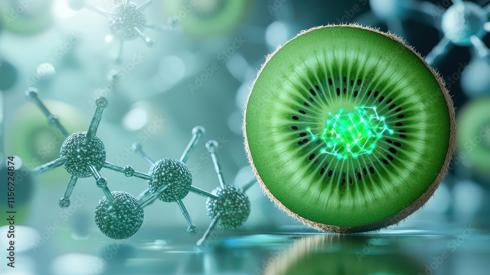 Poster a kiwi with atomic structures background. fruit vegetable with abstract science background.